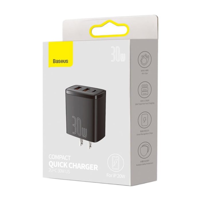BASEUS Compact Quick Charger 2U+C 30W Type C PD Fast Charging 3 Ports USB Adapter - Image 2